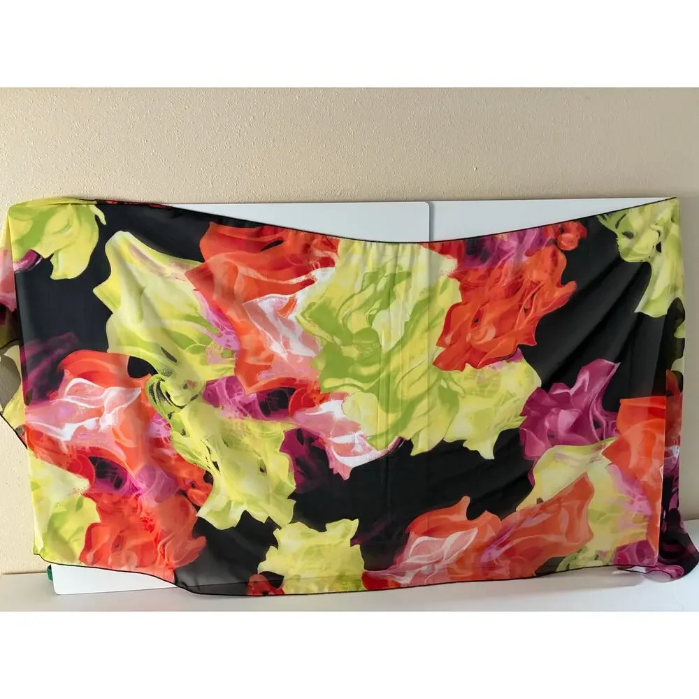 Colorful Chiffon Scarf Watercolor Floral Design Pink Orange Green Black 58